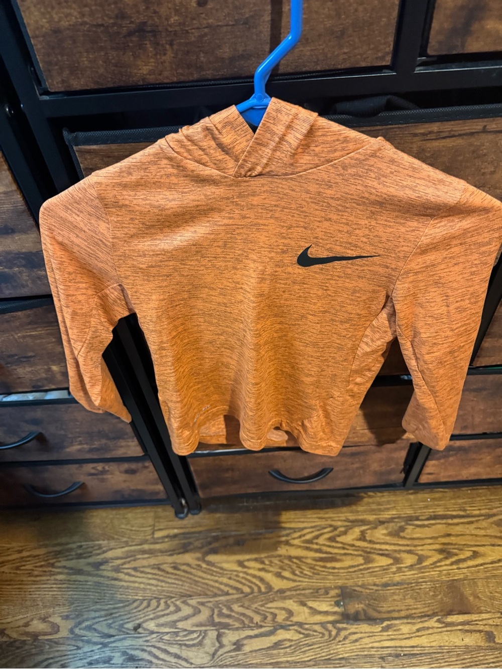 Nike Men’s Orange Heather Crewneck Hoodie with Black Swoosh